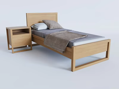 Modern Single Bed With Wooden Frame Headboard Pillows Blanket And Matching Nightstand 3d model