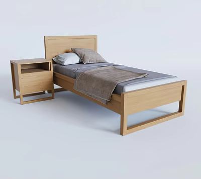 Modern Single Bed With Wooden Frame Headboard Pillows Blanket And Matching Nightstand 3d model
