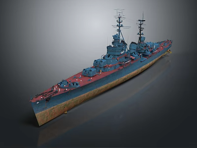 Detailed Dark Blue Warship Model With Red Deck And Tall Masts 3d model