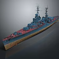 Detailed Dark Blue Warship Model With Red Deck And Tall Masts