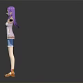 Anime Style 3D Female Character With Purple Hair White Tank Top Blue Denim Shorts And Brown Sandals