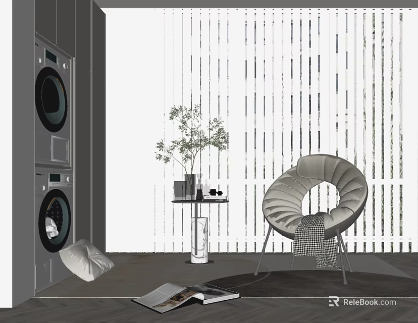 Modern Leisure Chair Featuring Side Table Plant Vase Gray Washer Pillow Magazine And Vertical Curtain 3d model 