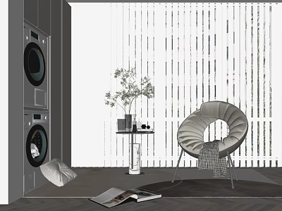 Modern Leisure Chair Featuring Side Table Plant Vase Gray Washer Pillow Magazine And Vertical Curtain 3d model