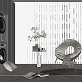 Modern Leisure Chair Featuring Side Table Plant Vase Gray Washer Pillow Magazine And Vertical Curtain