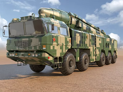 Camouflaged Military Functional Vehicle With Red Five Pointed Star Multiple Wheels And Missile Launch System 3d model