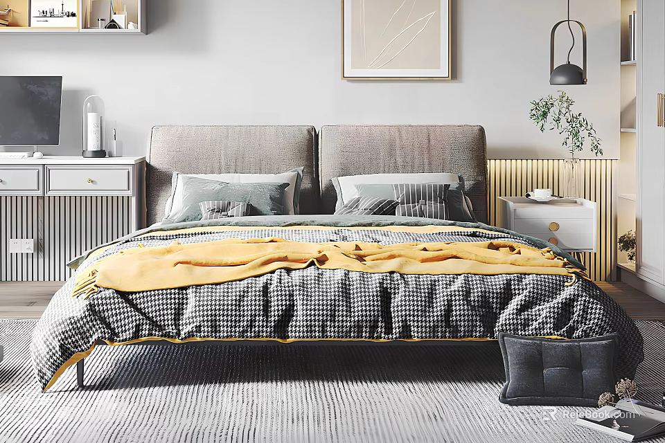 Modern Double Bed With Gray Upholstered Headboard Checkered Bedspread Gray Pillows And Yellow Throw Blanket 3d model 