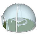 Transparent Dome Interior Design With Arched Entrance Round Table And Green Flooring