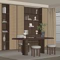 Modern Study Room Interior With Bookshelves Rattan Partitions Wooden Desk And Plants