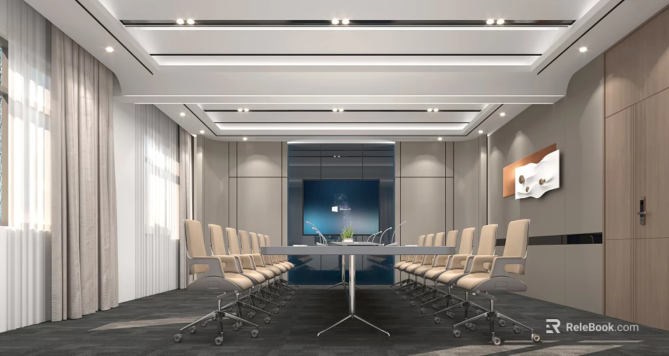 Modern Conference Room With Long Table Leather Chairs And Large Screen 3d model 