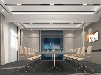 Modern Conference Room With Long Table Leather Chairs And Large Screen 3d model