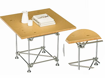 Wooden Top Dining Table With Metal Frame Foldable Design And White Kettle Cups Stacked Plates 3d model
