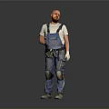Man in Blue Overalls White T-shirt With Tool Belt Knee Pads and Gray Background