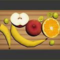 Assorted Fresh Fruits on Wooden Cutting Board Including Bananas Apple Sliced Orange and Green Grapes