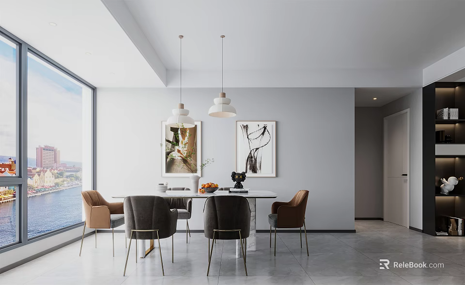 Modern Restaurant Interior With Large Windows Dining Table Chairs Chandeliers And Wall Artwork 3d model