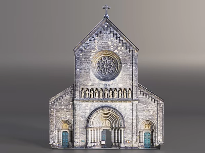 Gothic Church Architectural Components Including Cross Rose Window Arched Doorway Stone Columns And Carvings 3d model