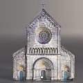Gothic Church Architectural Components Including Cross Rose Window Arched Doorway Stone Columns And Carvings