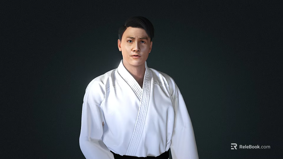 A Man in White Karate Uniform Standing Against Dark Background 3d model 