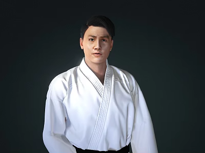 A Man in White Karate Uniform Standing Against Dark Background 3d model