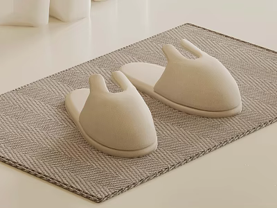 Beige Soft Slippers On Woven Texture Mat For Home Comfortable Use 3d model