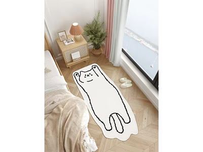 Adorable Cartoon Cat Design Square Carpet For Bedroom Floor With Plant And Bedside Table 3d model