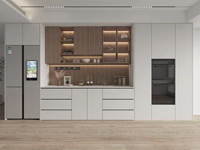 Modern Wooden Sideboard Interior With White Cabinetry Glass Doors And Lighting 3d model