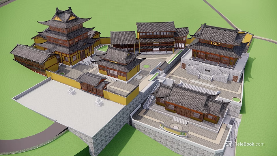 Traditional Ancient Chinese Architecture with Multi Story Pavilions Traditional Tiled Roofs and Courtyard Layout 3d model 