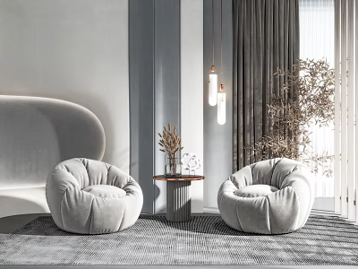 Gray Velvet Bean Bag Chairs In Modern Interior With Small Table Potted Plant Hanging Lights 3d model