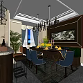 Elegant Restaurant Interior With Chandelier Dining Table Blue Chairs Green Upholstery And Decorative Paintings