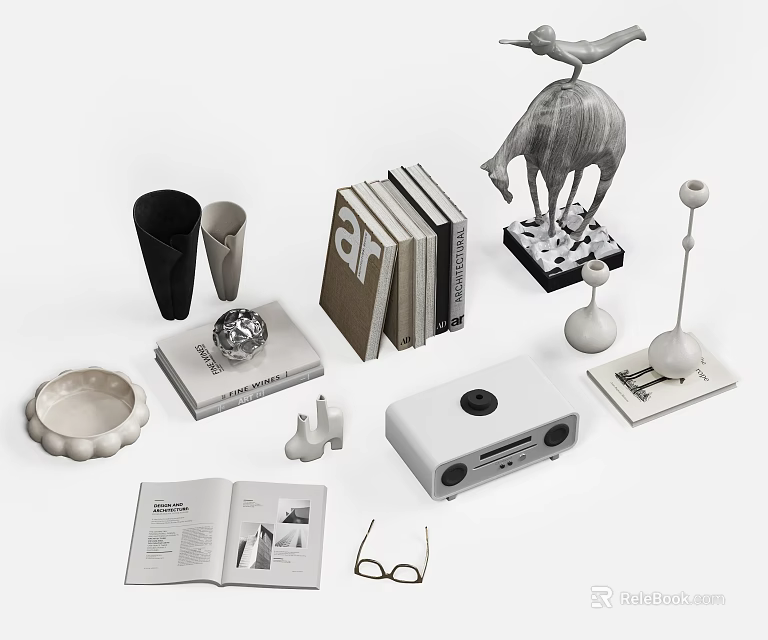 Decorative Ornament Set With Books Sculpture Vase Speaker Dish And Glasses 3d model 