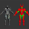 Silver Armored Mythical Figure and Red Green Horned Character with Detailed Features