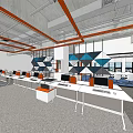 Modern Conference Room With Long Meeting Table White Chairs Blue Carpet And Large Windows
