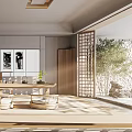 Minimalist Tea Room With Wooden Long Table Round Stools Decorative Paintings Natural Light Hanging Lights