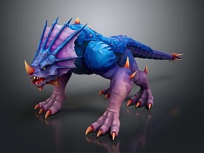 Blue And Purple Spiked Mythical Beast Character With Sharp Claws Horns And Spines 3d model