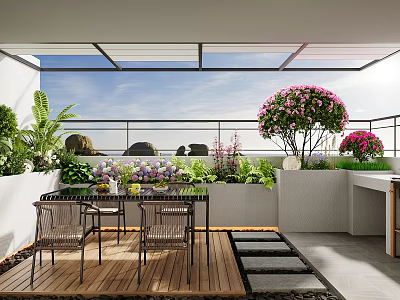 Balcony Garden With Wooden Flooring Glass Roof Table Chairs Pink Flowering Tree And Green Plants 3d model