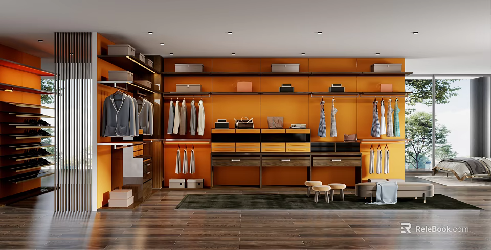 Modern Walk in Closet With Orange Walls Wooden Flooring And Cabinets 3d model 
