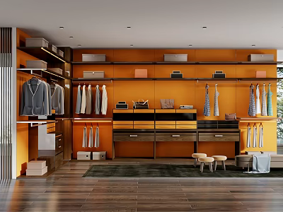 Modern Walk in Closet With Orange Walls Wooden Flooring And Cabinets 3d model