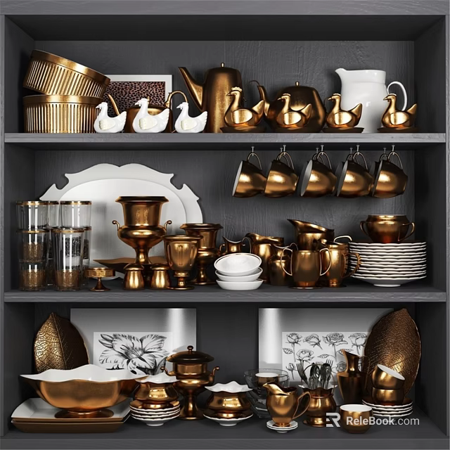 Elegant Gold And White Tableware Set With Swan Figurines Cups Plates And Glassware 3d model 