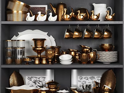 Elegant Gold And White Tableware Set With Swan Figurines Cups Plates And Glassware 3d model