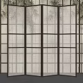 Modern Four Panel Folding Screen With Woven Fabric And Black Frame 3d model