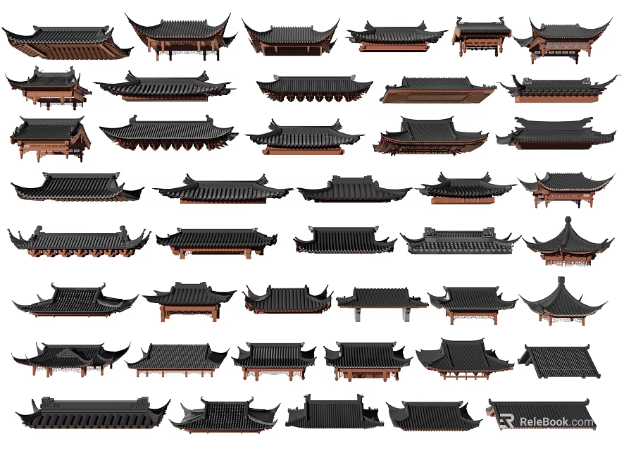 Traditional Chinese Roof Components Featuring Various Classic Architectural Styles and Designs 3d model 