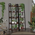 Multi tiered Metal and Wooden Flower Stand Holding Various Potted Plants Indoors