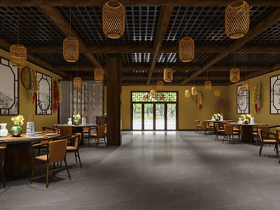 Traditional Chinese Restaurant Interior With Wooden Ceiling Bamboo Lanterns And Classic Furniture 3d model