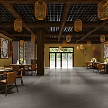 Traditional Chinese Restaurant Interior With Wooden Ceiling Bamboo Lanterns And Classic Furniture