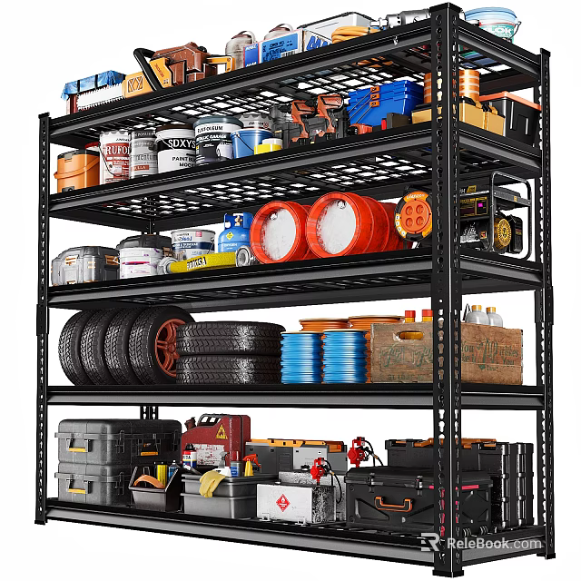 Heavy Duty Shelving Unit With Stacked Tires Red Drums Toolboxes Storage Cans And Tools 3d model 