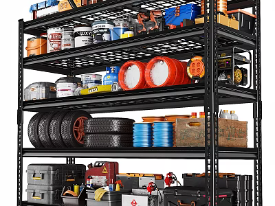Heavy Duty Shelving Unit With Stacked Tires Red Drums Toolboxes Storage Cans And Tools 3d model