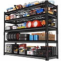 Heavy Duty Shelving Unit With Stacked Tires Red Drums Toolboxes Storage Cans And Tools