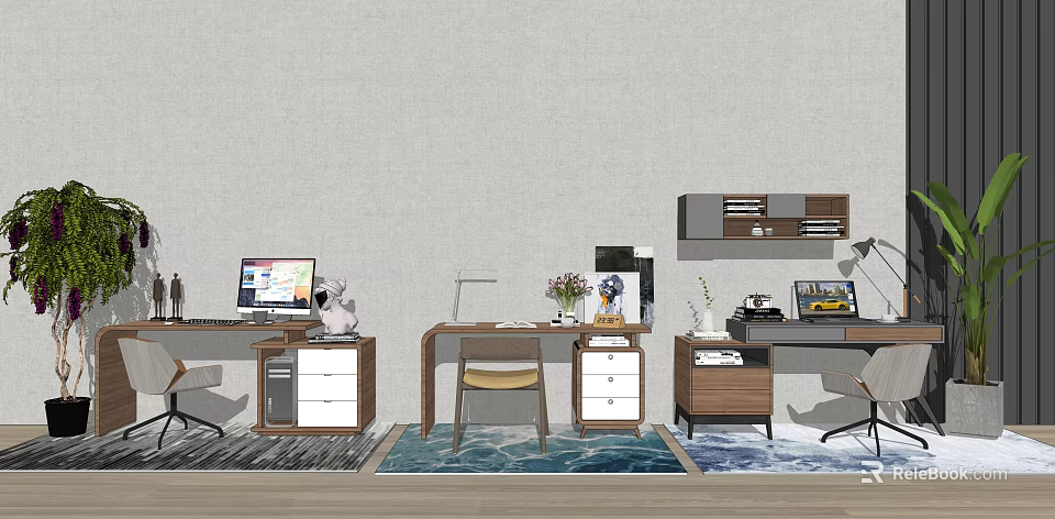 Modern Office Desks With Computer Monitor Lamp Vase Printer Drawer Cabinets And Chairs 3d model 