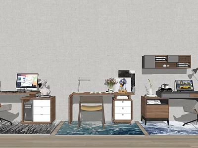 Modern Office Desks With Computer Monitor Lamp Vase Printer Drawer Cabinets And Chairs 3d model