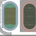 Football Field Layout With Red And Blue Running Tracks And Surrounding Stands Design