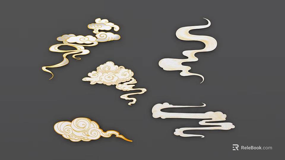 Traditional Chinese Cloud Pattern Wall Decor With Golden And White Ornate Design 3d model 